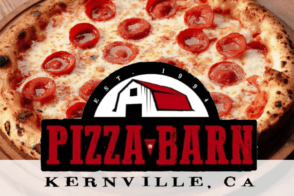 A delicious pepperoni pizza with a crispy crust and the Pizza Barn logo from Kernville, CA.